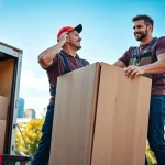 Movers in Toronto area assisting with a residential relocation, emphasizing professionalism and teamwork.