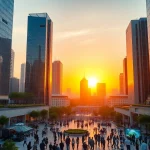 Revitalizing urban life at dawn digital, showcasing a futuristic cityscape with vibrant sunrise.