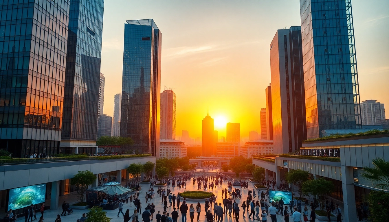 Revitalizing urban life at dawn digital, showcasing a futuristic cityscape with vibrant sunrise.