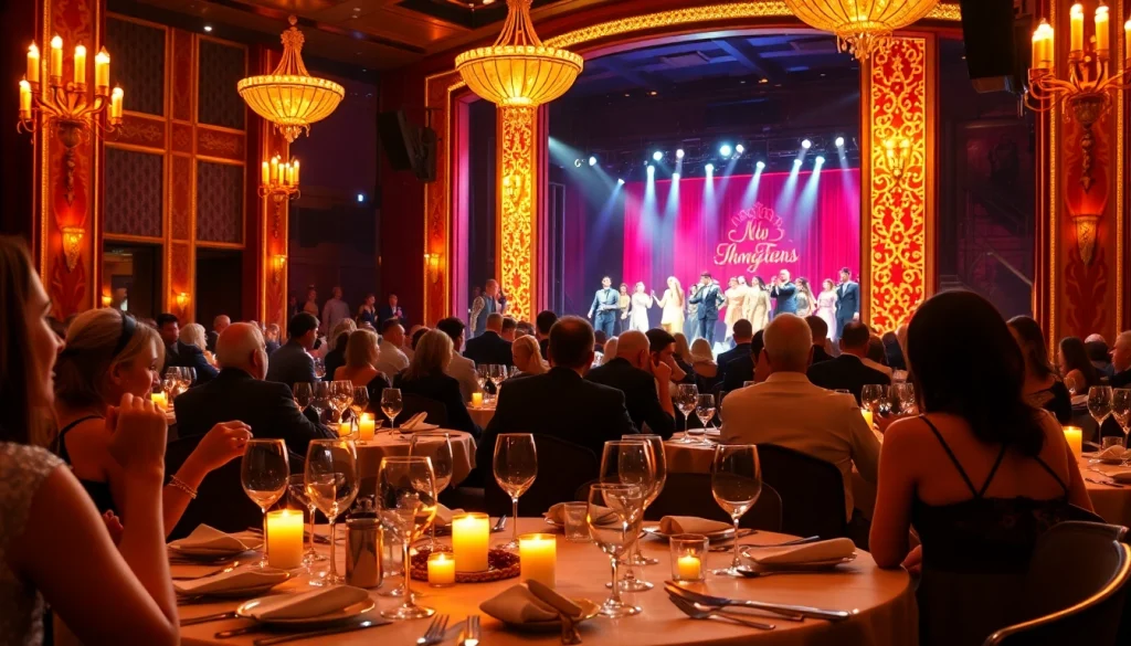 Experience a lively las vegas dinner theater with guests enjoying a meal and performance.