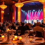 Experience a lively las vegas dinner theater with guests enjoying a meal and performance.