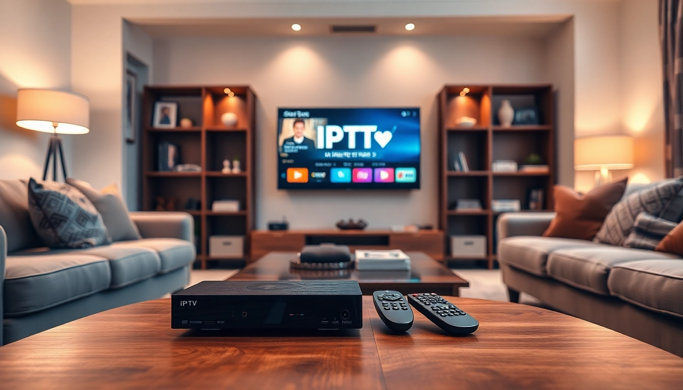 Comprar IPTV en una sala de estar moderna con un televisor mostrando canales IPTV.