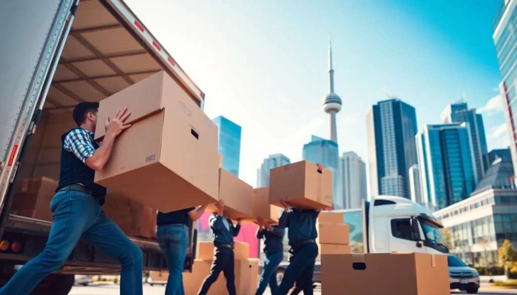 Expert movers in Toronto lifting boxes into a truck, showcasing teamwork and professionalism.