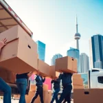 Expert movers in Toronto lifting boxes into a truck, showcasing teamwork and professionalism.