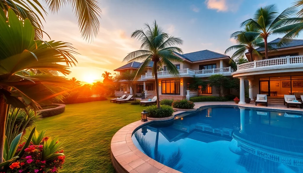 villa management phuket enhancing a luxurious villa in Phuket, showcasing tropical gardens and a serene pool.
